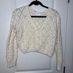 Luna Ivy Cream Pearl Embellished Pointelle Knit Cropped Cardigan CC0426 Small